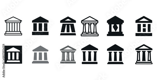 Collection of classical greek temple icons and silhouettes in various styles