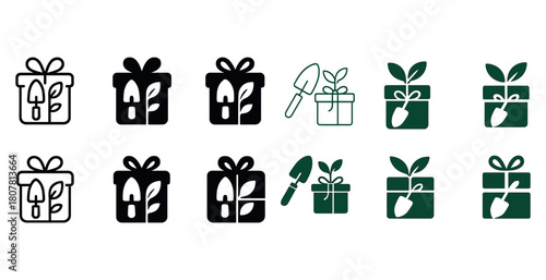 Gardening gift icons set: shovel, plants, packages in black and green