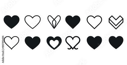 Variety of minimalist heart icon designs in black and white