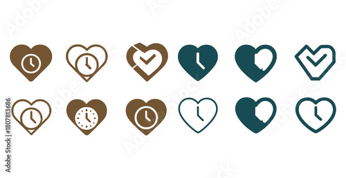 Heart-shaped clock icons: time and love motifs in minimalist design