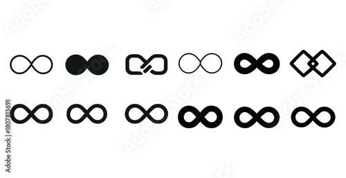 Set of diverse infinity symbol designs in black and white