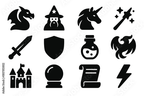 Modern Mythos Icons. Modern Mythos. Solid icon set of Modern Mythos: dragon, wizard, unicorn, magic wand, sword, shield, potion bottle, phoenix, castle,