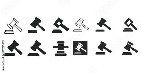 Set of gavel icons in various styles for legal and justice themes