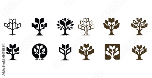 Diverse tree symbols featuring leaves and book elements in black and brown