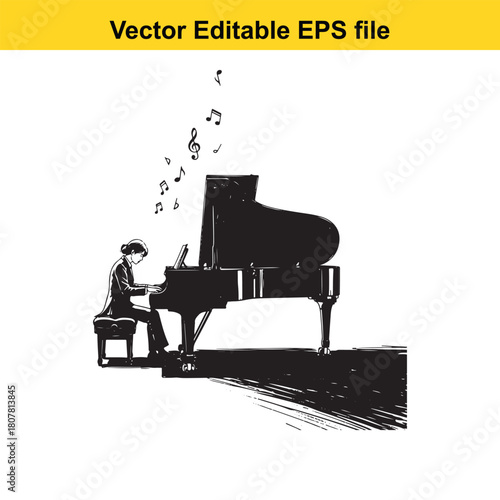 A black and white drawing depicts a pianist playing a grand piano with musical notes floating above, isolated on