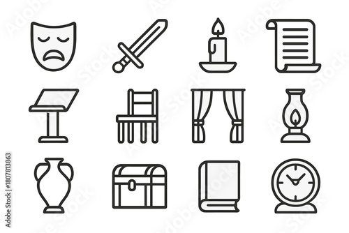 Tragedy Props Icon Set. Props for tragedy. Line icon set of Props for tragedy: mask, sword, candle, scroll, podium, chair, curtain, lamp, vase, trunk, book,