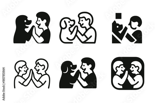 Joyful Pet Logos. joyful pets playing with their owners. Icon set. Set Logo of joyful pets playing with their owners: pet and owner high five. harmonious logo