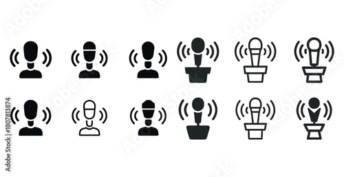 Icon set of speakers and microphones with sound waves