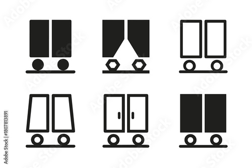 Sliding Doors Logo Set. Sliding doors. Icon set. Set Logo of sliding doors: bottom track with twin roller wheels. harmonious logo variations of the same