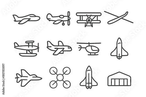 Aircraft Icon Set. Aircraft types. Line icon set of aircraft types: jet, propeller plane, biplane, glider, seaplane, cargo plane, helicopter, fighter jet,