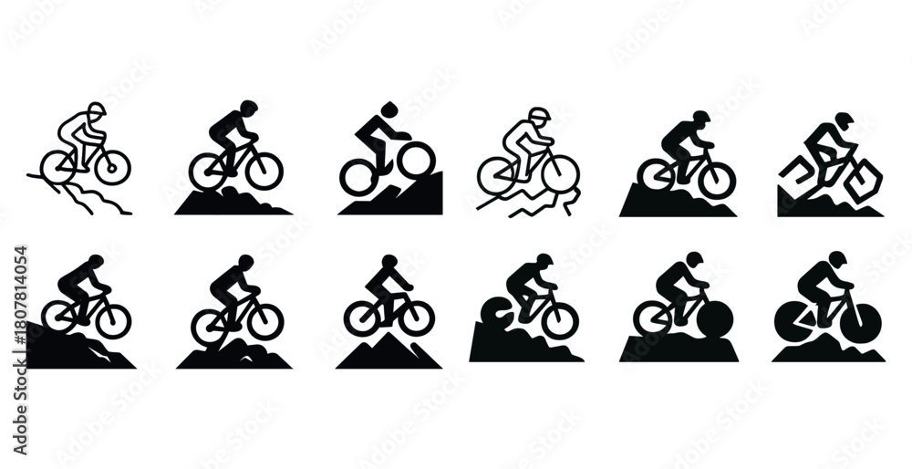 Fototapeta premium Mountain biking icons set: cyclists on various terrain challenges