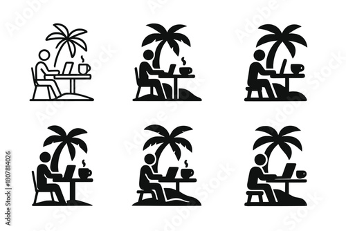Freelancer Icon Set. Freelancer working from a tropical location. Icon set. Set Logo of Freelancer working from a tropical location: Coffee cup on beach table.