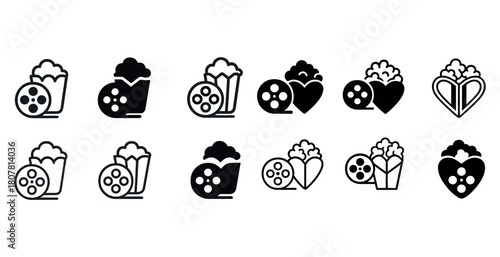 Icon set of popcorn and film reels