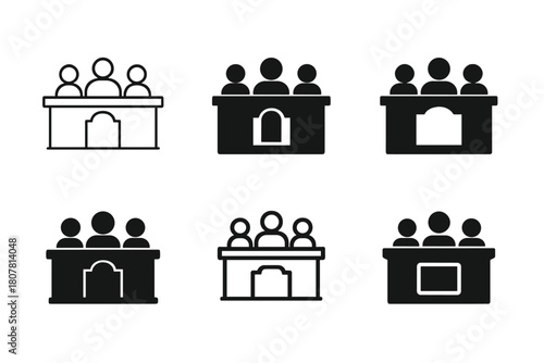 Courtroom Jury Icons. Jury in the courtroom. Icon set. Set Logo of Jury in the courtroom: Courtroom bench. harmonious logo variations of the same emblematic