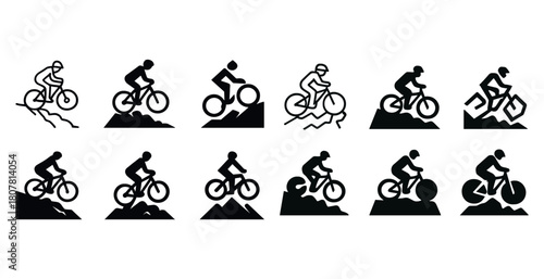 Mountain biking icons set: cyclists on various terrain challenges