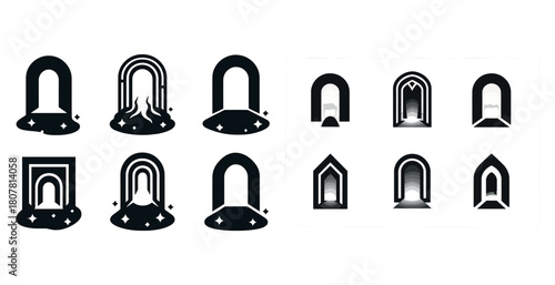 Set of mystical portals with varied designs and shadows