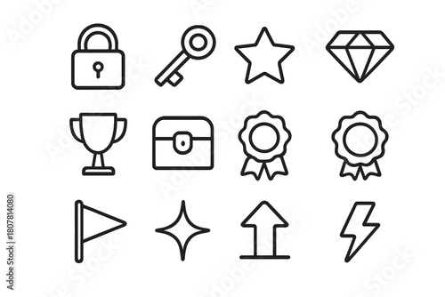Unlockable Rewards Icons. Unlockable Rewards. Line icon set of Unlockable Rewards: padlock, key, star, diamond, trophy, chest, ribbon, badge, flag, spark,