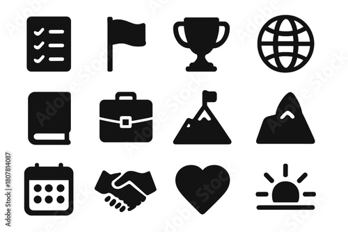 Life Goals Icons. Life goals. Solid icon set of Life goals: checklist, flag, trophy, globe, book, briefcase, mountain, calendar, handshake, heart, rocket,
