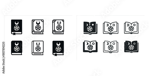 Set of spellbook icons with crescent moon and pentagram symbols