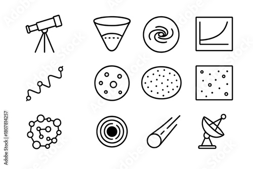 Universe Icon Set. Observable universe. Line icon set of observable universe: telescope, cosmic horizon, galaxy map, redshift graph, photon path, cosmic