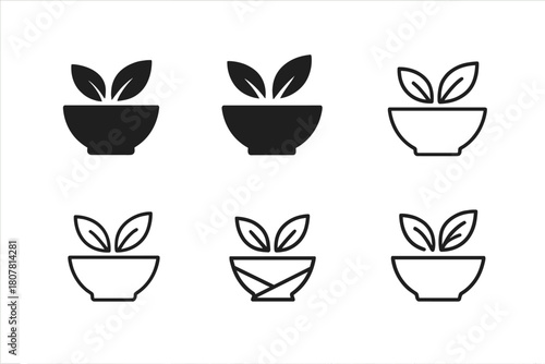 Salad Bowl Icons. Salad bowl. Icon set. Set Logo of salad bowl: bowl with leaves representing freshness and balance. harmonious logo variations of the same