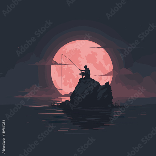 Vector illustration of a person fishing on top of a rock with a full moon in the background