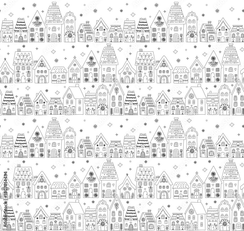 Naklejka premium Scandinavian Winter Village Doodle seamless pattern, Cozy Folk Art Houses Illustration