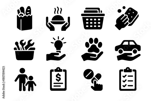 Practical Help Icon Set. Practical Help. Solid icon set of Practical Help: grocery bag, cooked meal, laundry basket, dish sponge, toolbox, light bulb fix, pet