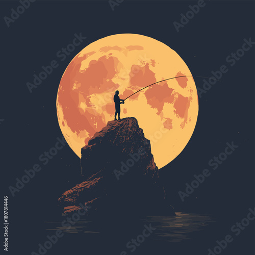 Vector illustration of a person fishing on top of a rock with a full moon in the background