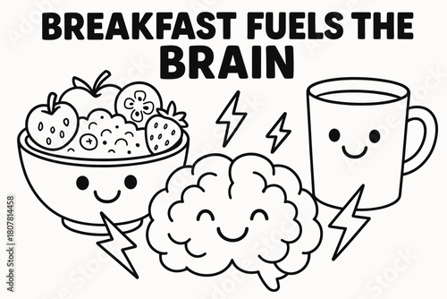 Brain Power Breakfast. Breakfast fuels the brain children?s coloring book illustration, outlined drawing, a cheerful bowl of oatmeal, fruit, and a milk cup
