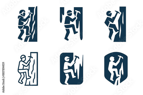 Ice Climbing Icon Set. Ice climbing. Icon set. Set Logo of ice climbing: climber ascending a frozen waterfall. harmonious logo variations of the same