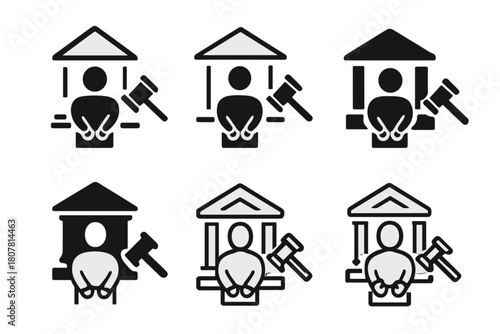 Arrest Scene Icons. Person Arrested on Suspicion of Crime. Icon set. Set Logo of Arrest Scene: courthouse and gavel symbol. harmonious logo variations of the