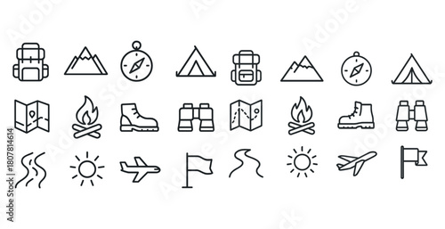 Outdoor adventure icons collection: camping, hiking, travel, and exploration symbols