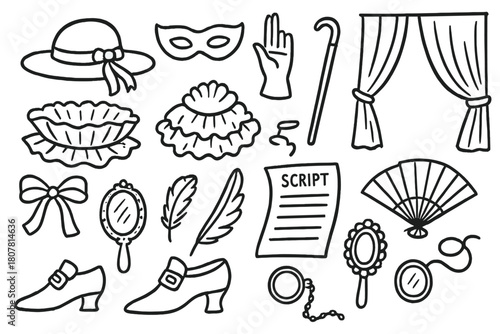 Vintage Theater Icons. Old theater costume. Hand-drawn doodle illustration Old theater costume hat, mask, glove, cane, ruffled collar, shoe, ribbon, mirror,
