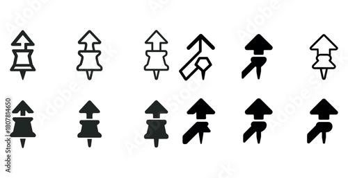 Set of pushpin and thumbtack icons in black and white styles