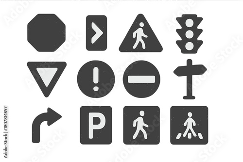 Black Faded Street Signs. Faded street sign. Solid icon set of faded street sign: stop sign, arrow sign, pedestrian sign, traffic light, yield sign, speed