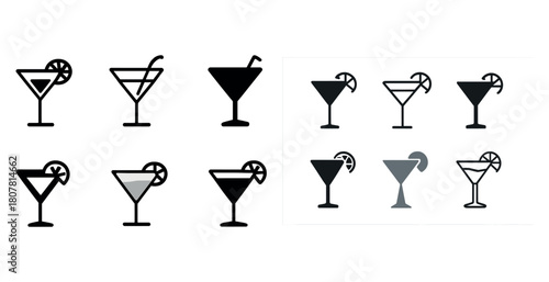 Collection of martini glass icons with lemon garnish in various styles and shades