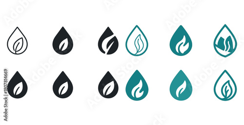 Set of leaf and flame icons in teardrop shape
