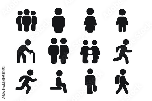 Crowd Icon Set. Crowd. Solid icon set of Crowd: group of people, man, woman, child, elderly person, couple, family, person walking, person running, person