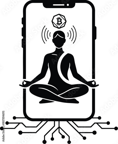 Mindfulness meditation in smartphone with cryptocurrency coins