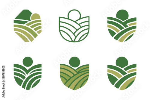 Agriculture Climate Icons. Agriculture and climate change. Icon set. Set Logo of agriculture and climate change: terraced hillside farming with erosion