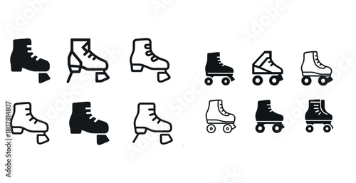 Set of iconic black and white roller skate designs in various styles