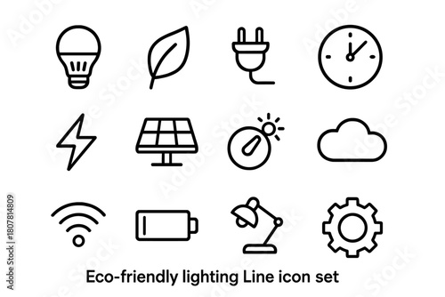 Eco Lighting Icon Set. Eco-friendly lighting. Line icon set of eco-friendly lighting: LED bulb, leaf, plug, timer, energy symbol, solar panel, dimmer, cloud,