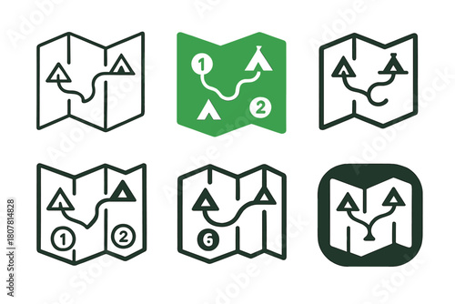 Camping Logo Variations. Group camping adventures. Icon set. Set Logo of group camping adventures: folded map with route line and numbered campsites.
