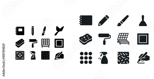 Art and cleaning tools icons set: brushes, sponges, rollers, sprayers, palettes