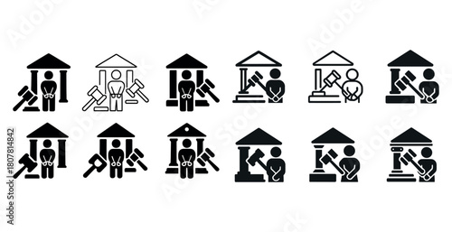 Black and white legal icon set illustrating courtroom symbols and justice concepts