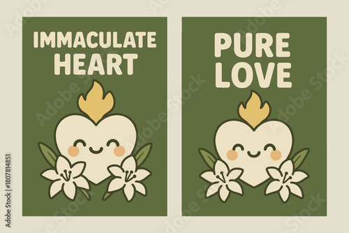 Heart of Pure Love. Immaculate Heart. Two vertical A6 banners with safe margins, centered composition, no elements touching edges, kawaii, olive green and