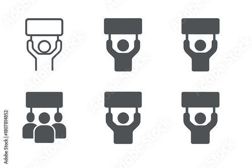 Climate Protest Icons. Climate change action. Icon set. Set Logo of Climate Protest: People holding signs. Stylized detail, Abstract geometric, Minimal