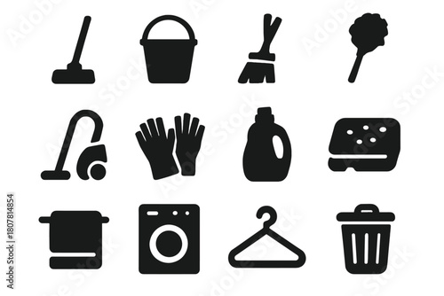 Household Chore Icons. Household chores. Solid icon set of household chores: mop, bucket, broom, duster, vacuum, gloves, detergent, sponge, towel, washing