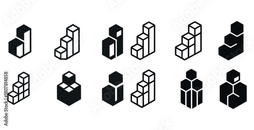 Black and white isometric geometric shapes collection